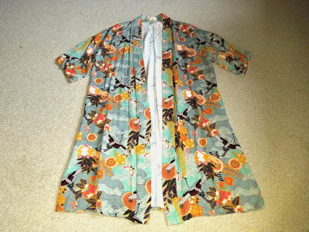 Womens Jacket/Kimono-FOREVER 21-teal/yellow/purp Asian long BOHO Festival-M